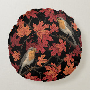 Robins in maple tree round cushion