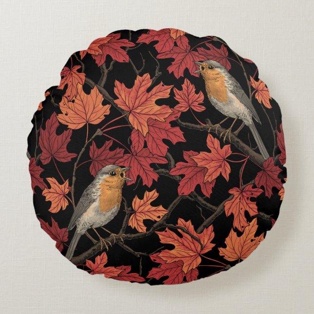 Robins in maple tree round cushion (Front)