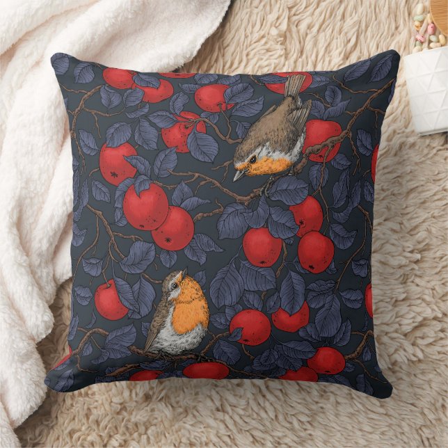 Robins in the apple tree/blue and red  cushion (Blanket)