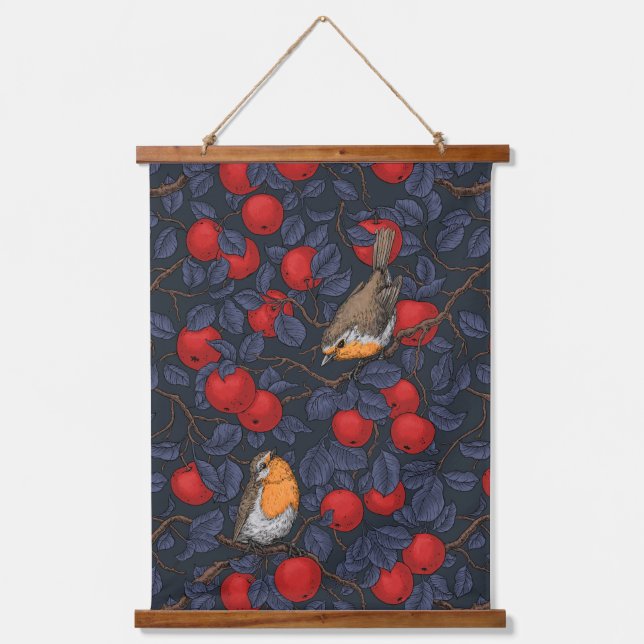 Robins in the apple tree/blue and red  hanging tapestry (Front)