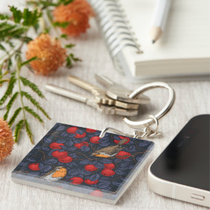 Robins in the apple tree/blue and red  key ring