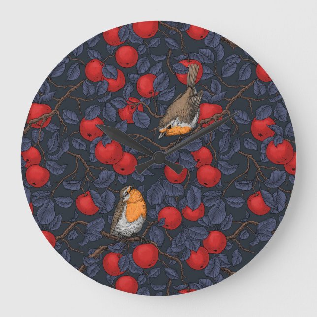 Robins in the apple tree/blue and red  large clock (Front)