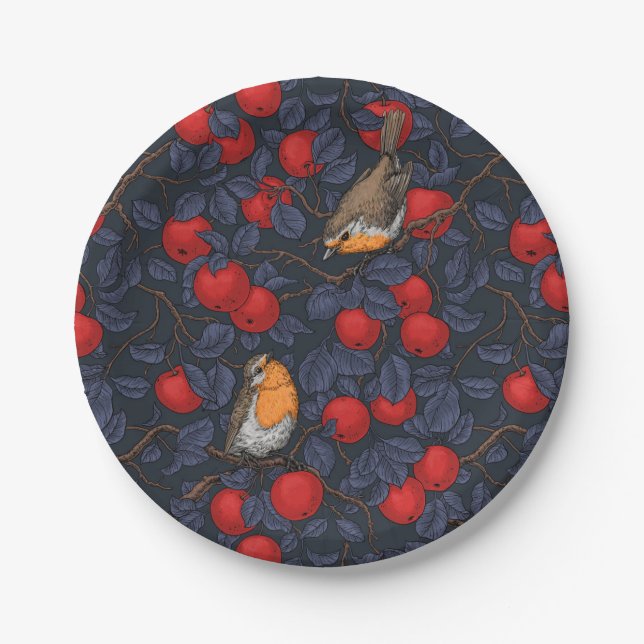 Robins in the apple tree/blue and red  paper plate (Front)