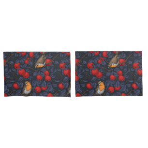 Robins in the apple tree/blue and red  pillowcase