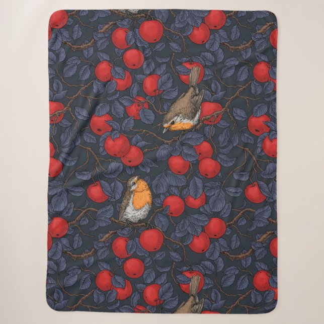 Robins in the apple tree/blue and red  sherpa blanket (Front)