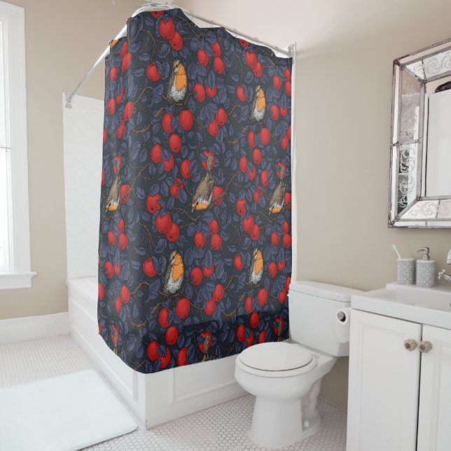 Robins in the apple tree/blue and red  shower curtain (In Situ)