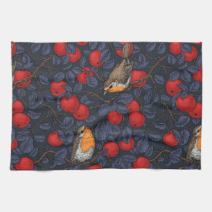 Robins in the apple tree/blue and red  tea towel