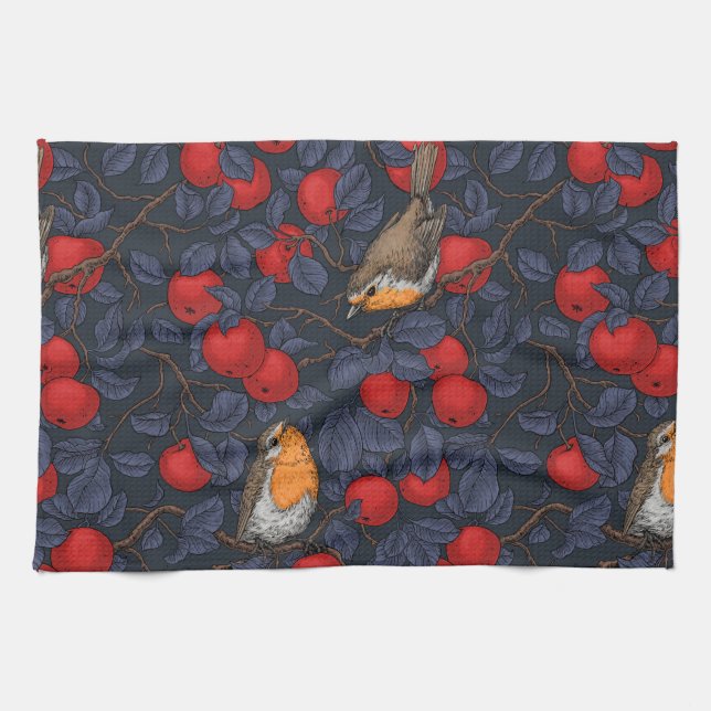 Robins in the apple tree/blue and red  tea towel (Horizontal)