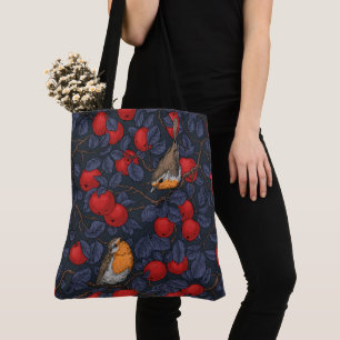 Robins in the apple tree/blue and red  tote bag