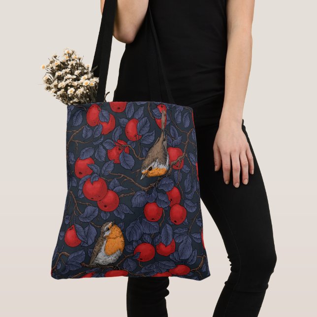 Robins in the apple tree/blue and red  tote bag (Close Up)