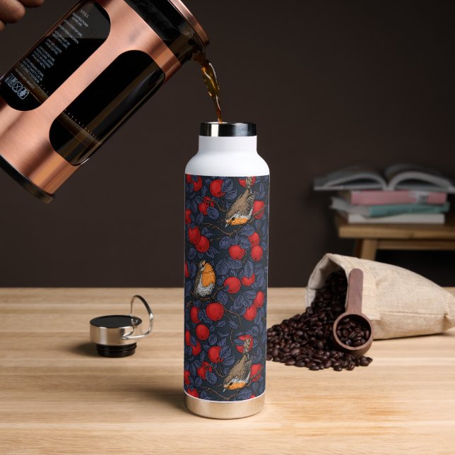Robins in the apple tree/blue and red  water bottle (Coffee)