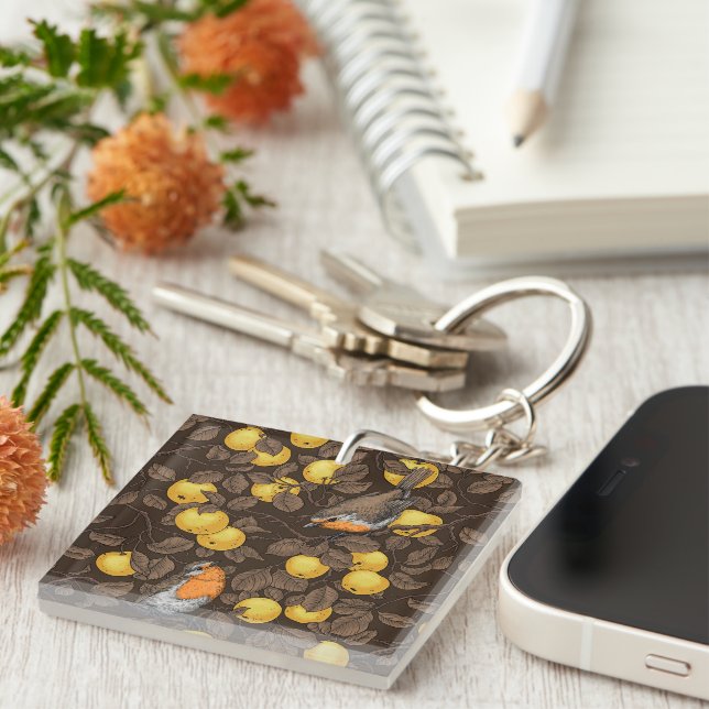 Robins in the apple tree/yellow and dark brown key ring (Front Right)
