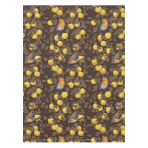 Robins in the apple tree/yellow and dark brown tablecloth