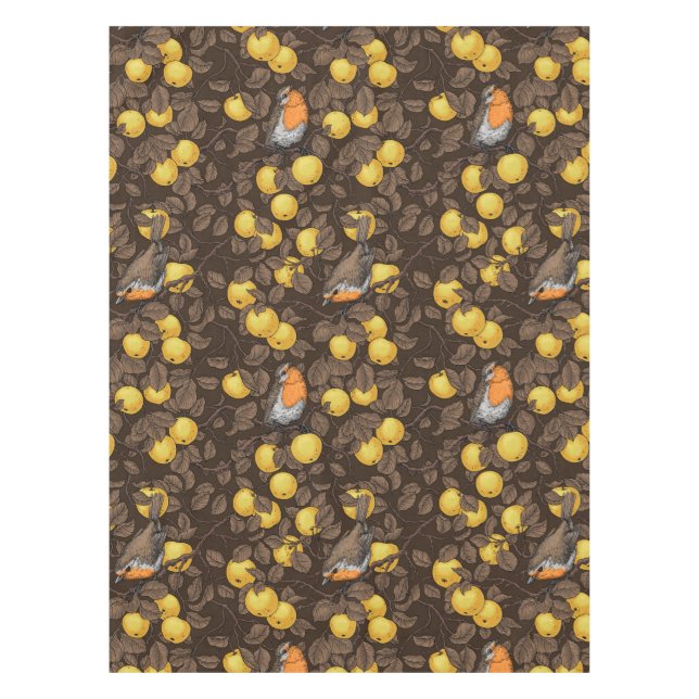 Robins in the apple tree/yellow and dark brown tablecloth (Front)