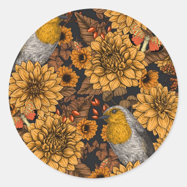 Robins in the autumn garden on black classic round sticker (Front)
