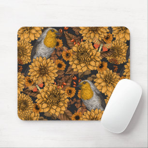 Robins in the autumn garden on black mouse pad