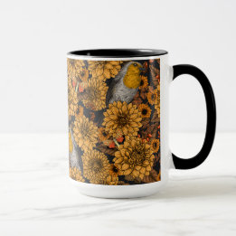 Robins in the autumn garden on black mug