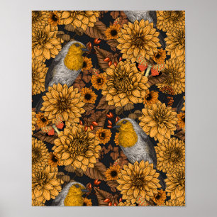 Robins in the autumn garden on black poster