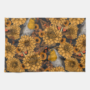 Robins in the autumn garden on black tea towel