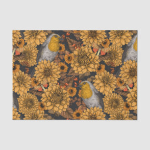 Robins in the autumn garden on black tissue paper