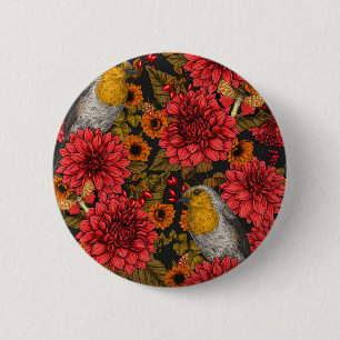 Robins in the autumn garden, red dahlias on black 6 cm round badge