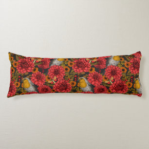 Robins in the autumn garden, red dahlias on black body cushion