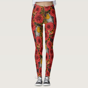 Robins in the autumn garden, red dahlias on black leggings