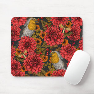 Robins in the autumn garden, red dahlias on black mouse pad