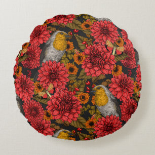 Robins in the autumn garden, red dahlias on black round cushion
