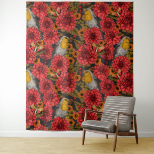Robins in the autumn garden, red dahlias on black tapestry