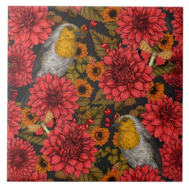 Robins in the autumn garden, red dahlias on black tile (Front)