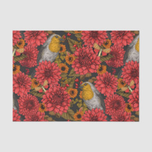 Robins in the autumn garden, red dahlias on black tissue paper