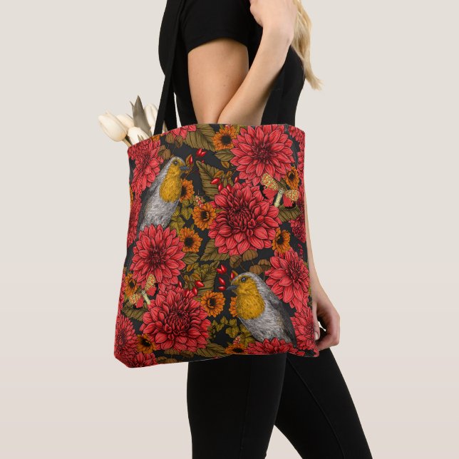 Robins in the autumn garden, red dahlias on black tote bag (Close Up)