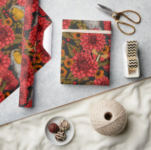 Robins in the autumn garden, red dahlias on black wrapping paper