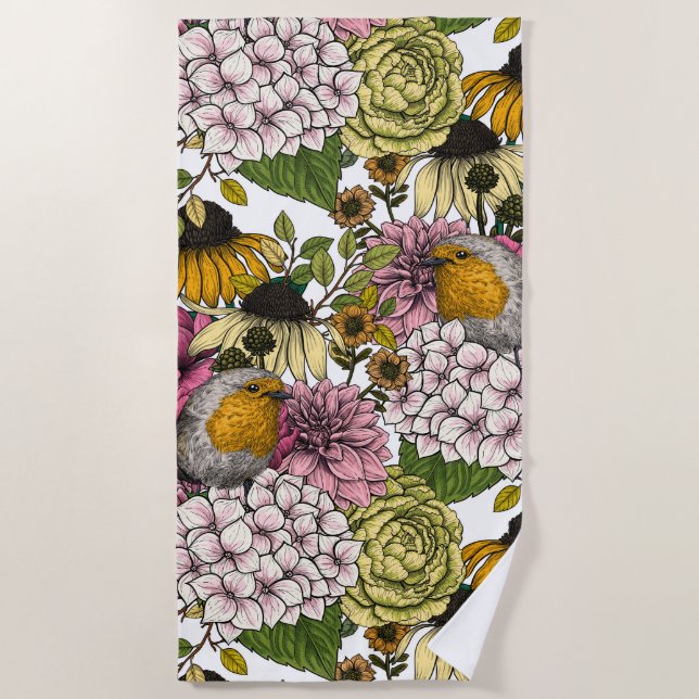 Robins in the garden beach towel (Front)