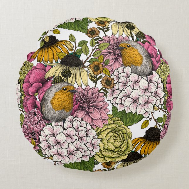 Robins in the garden round cushion (Front)