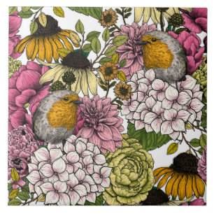 Robins in the garden tile