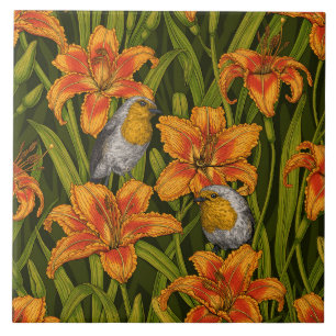 Robins in the garden tile