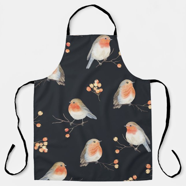 Robins, rowan berries, winter watercolor pattern. apron (Front)