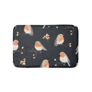 Robins, rowan berries, winter watercolor pattern. bath mat