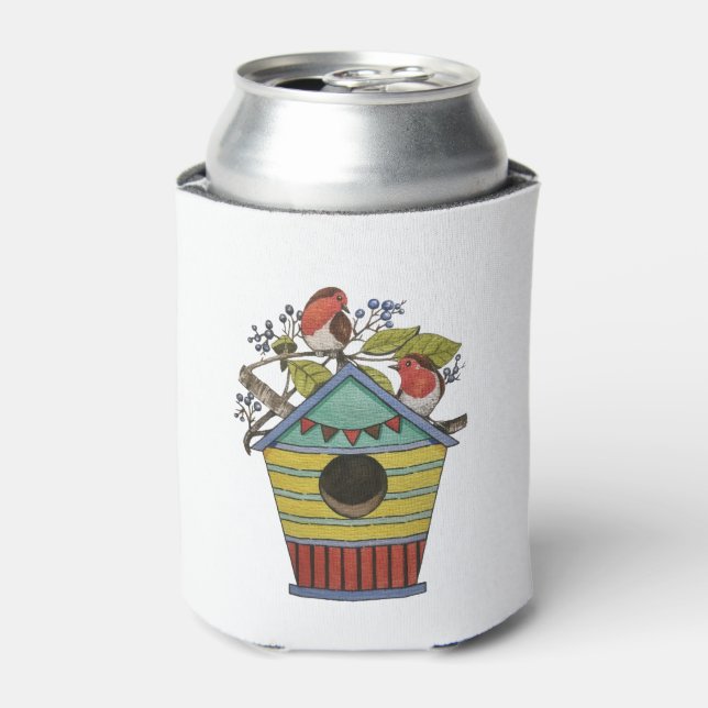 Robins With Blueberries And Birdhouse Can Cooler (Can Front)