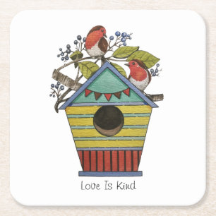 Robins With Blueberries And Birdhouse Square Paper Coaster