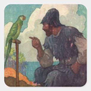 Robinson Crusoe and Parrot Poll Square Sticker