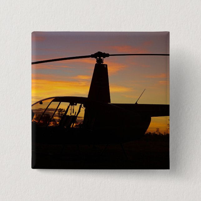 Robinson R44 helicopter at sunset 15 Cm Square Badge (Front)