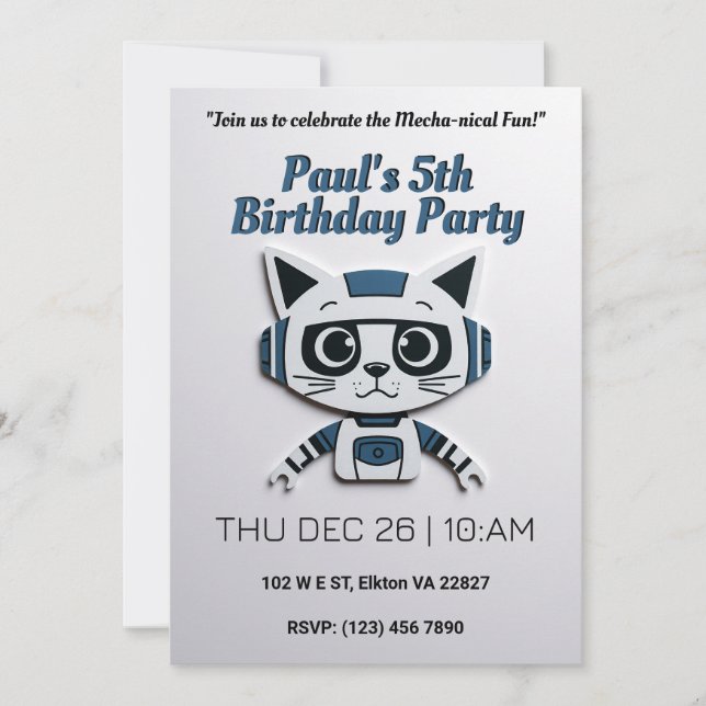 Robo Cat Birthday Party - Futuristic Feline Fun Invitation (Front)