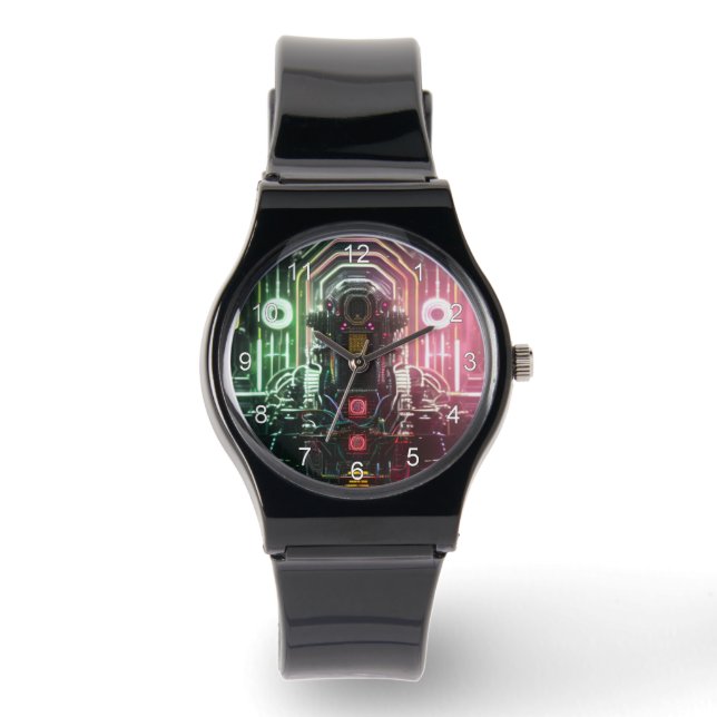 Robot 1 black silicone strap watch w numbers (Front)