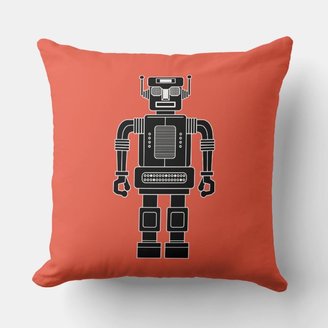 Robot 270620/04 - Black and White on Orange Red Cushion (Front)
