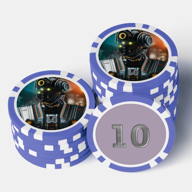 Robot 3 blue 10 striped poker chip (Stack)