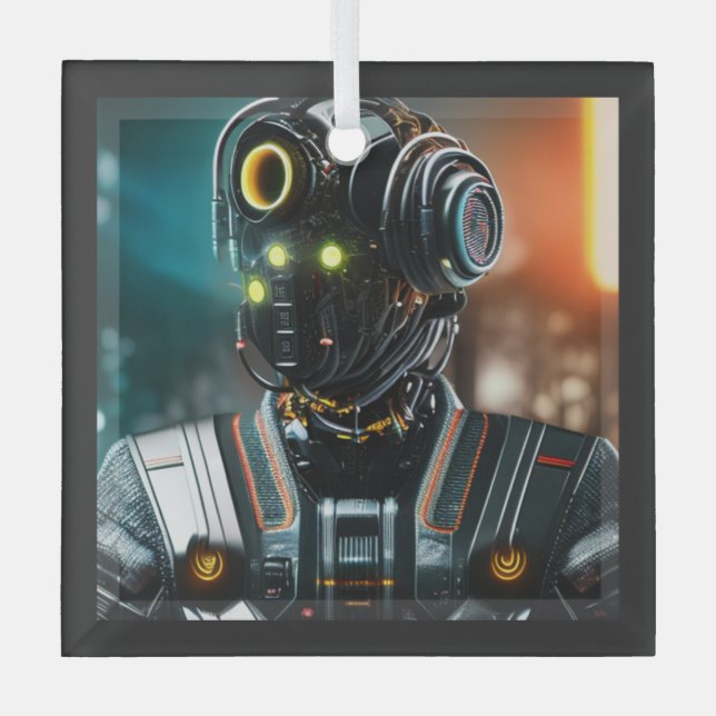Robot 3 square glass ornament (Front)