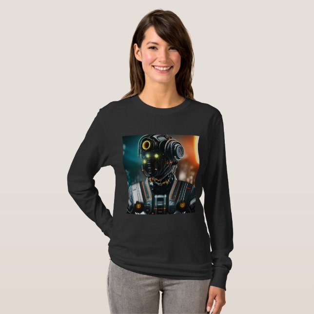  Robot 3 women black long sleeve T-shirt (Front Full)